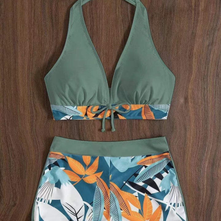 👙 50% DE RÉDUCTION! 🌿 Maillot de Bain Deux Pièces Col Licou Décolleté en V – Motif Feuilles, Détail Croisé &amp; Parfait Pour Un Look Élégant À La Plage 🏖️