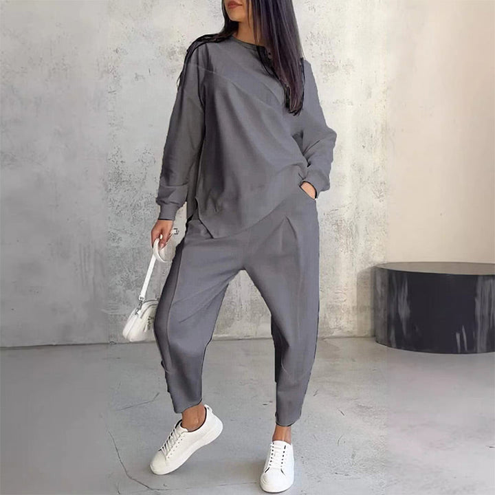 Gisselda™ : Ensemble deux pièces pour femme : sweat à manches longues avec ceinture asymétrique et pantalon